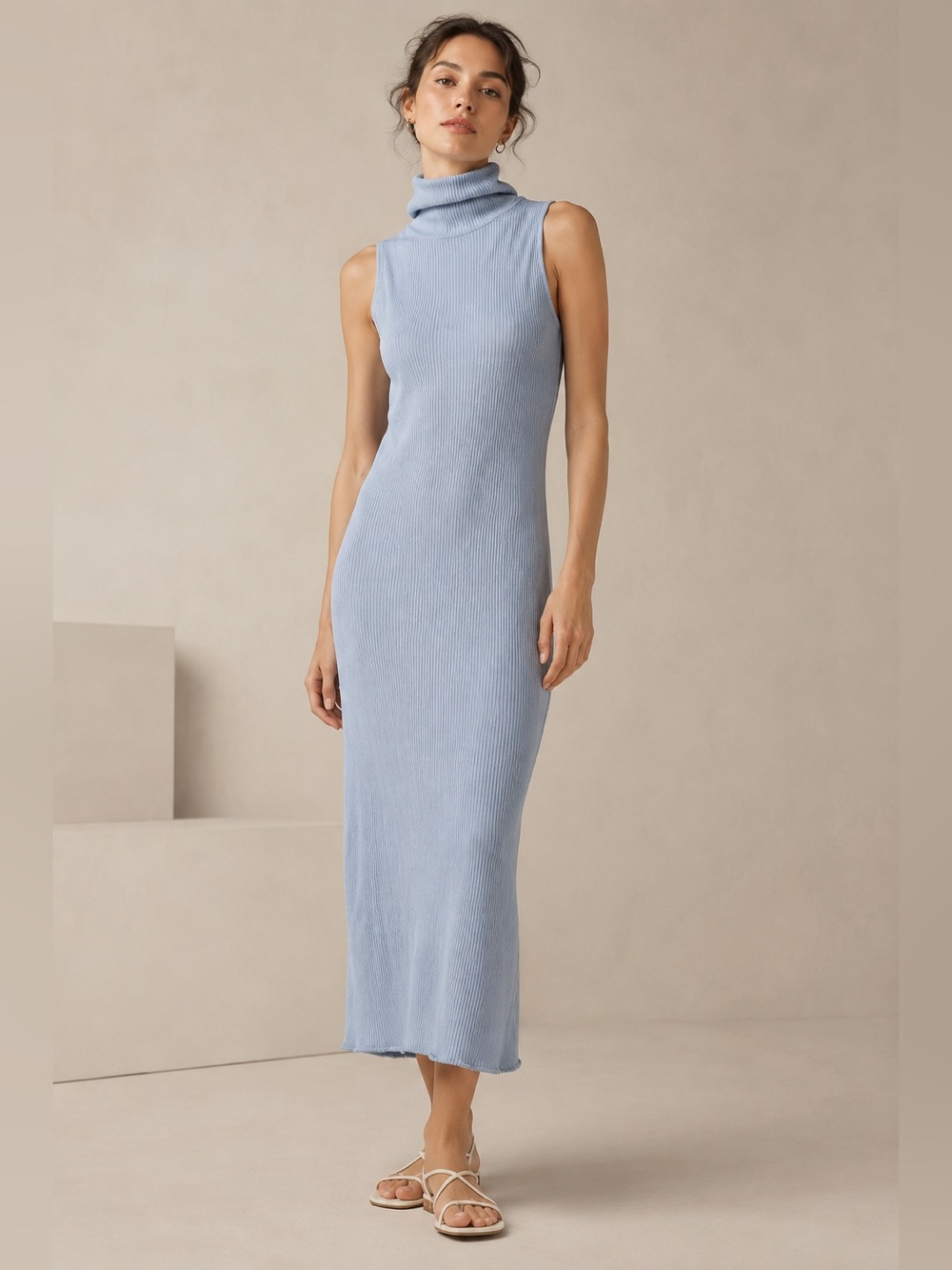 NWT Anthropologie Stateside Luxe Light Blue Thermal Turtleneck Midi Dress Medium